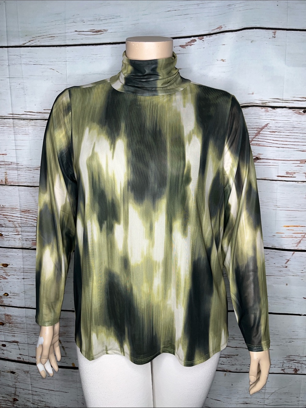 Wynne Layers Size 1X Green & White Tie Dye Turtleneck Mesh Blouse Top